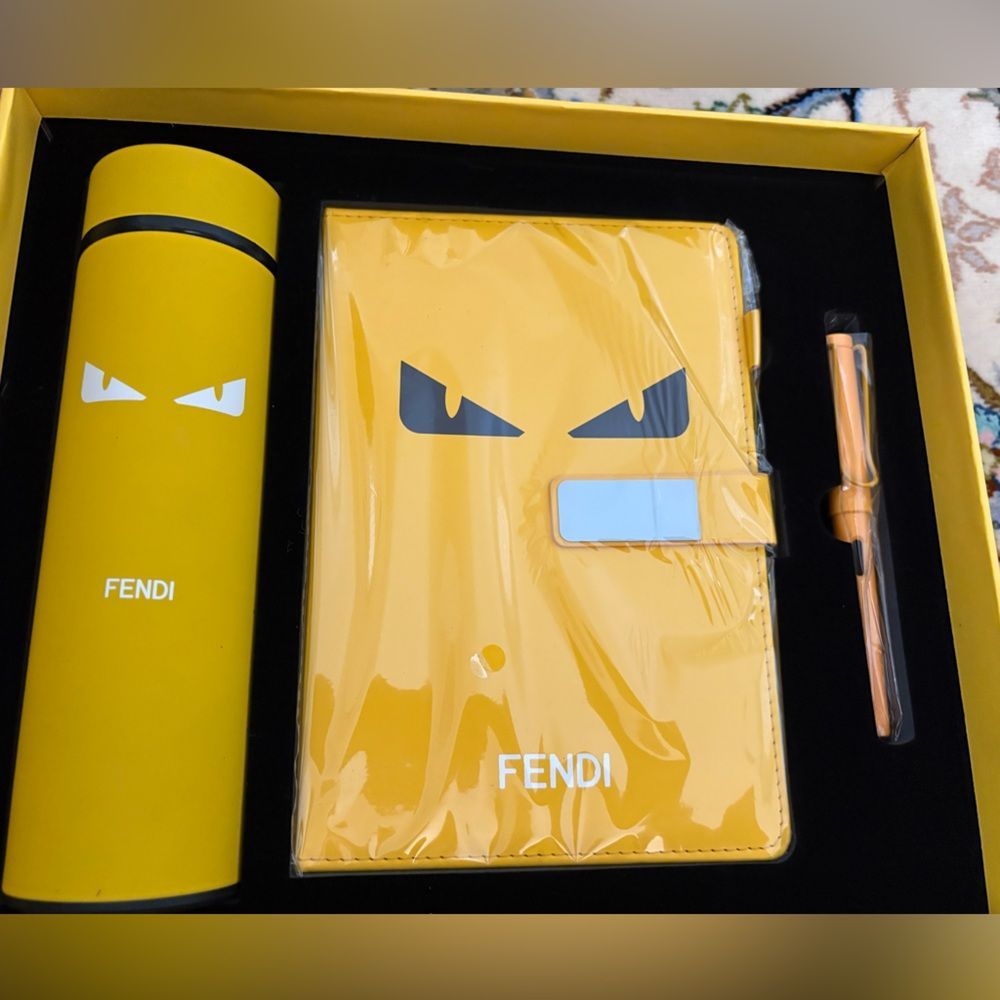 Brand New Fendi Gwp Yellow Notebook  Tumbler Pen Accessory Set